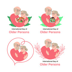 International Day of Older Persons. A set of designs with the inscription, elderly couple, an old man and an old woman. Grandmother and grandfather. Spouses hug each other.