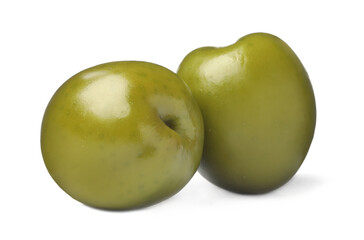Two fresh green olives on white background