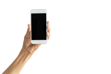 close up senior woman hand hold smartphone with blank screen display isolated on white background for show and advertise content concept