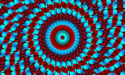 Cyan flower on pink star background. Detailed wallpaper with many circles, squares and decorative flowers in rows and columns in pink and a glowing exotic flower, star in the center in cyan color