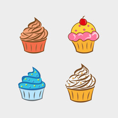 Baking and bakery cupcakes set. Cupcakes in cardboard boxes flat vector illustration