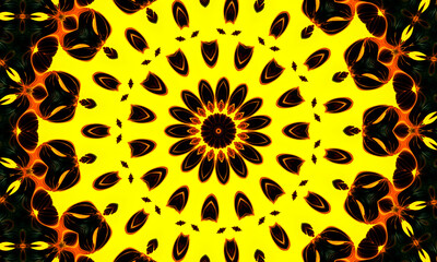 Yellow Floral pattern, seamless kaleidoscope. Kaledoscope pattern for manufacturing of packaging, scrapbooking, gift wrapping, books, booklets., alboms.