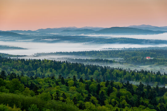 The view from the top of the mountain glider in Bezmiechowa G&oacute;rna at sunrise to the Bieszczady Mountains