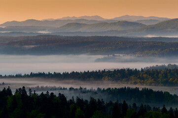 The view from the top of the mountain glider in Bezmiechowa Górna at sunrise to the Bieszczady Mountains