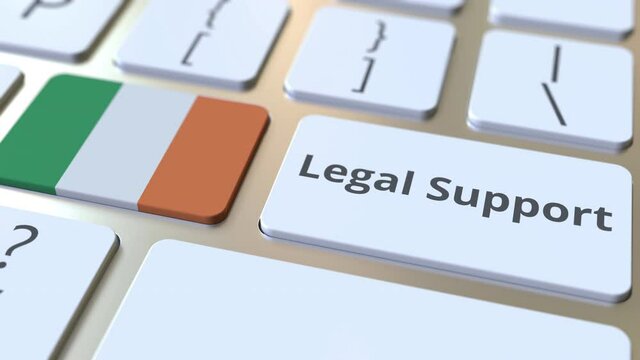 Legal Support text and flag of the Republic of Ireland on the computer keyboard. Online legal service related 3D animation