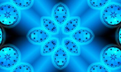 Seamless repeating pattern with geometric floral shapes in different shades of light blue on blue and black background.