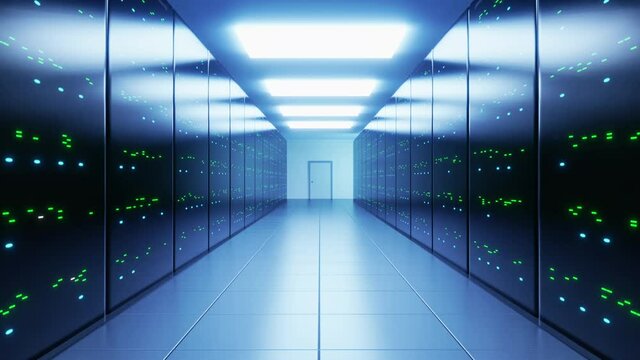 Network and data servers behind glass panels in a Server Room of a Data Center or ISP corridor. Beautiful forward Dolly Shot, Full HD High Quality Animation.