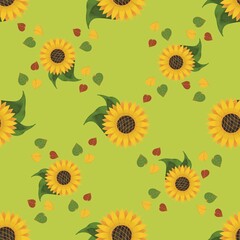 cute pattern with sunflowers and leaves, bright, green.