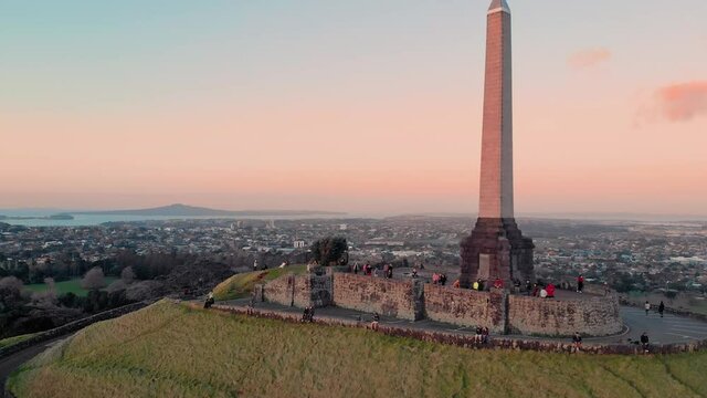 Aerial: One tree hill at sunset, Auckland, New Zealand