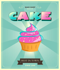 Bakery banners. Sweet cupcakes. Best bakery in town. Bakery poster. Cupcakes, muffins, cakes. Restaurant menu vector template. Retro baking banners and bakery banner