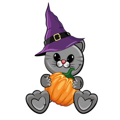 Cute Halloween illustration with a cartoon gray cat in a witch hat with pumpkin  isolated on a white background. Cartoon vector illustration.