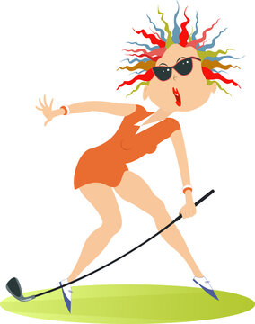Cartoon golfer woman on the golf course illustration.
Funny golfer woman in sunglasses with a golf club tries to do a good kick isolated on white
