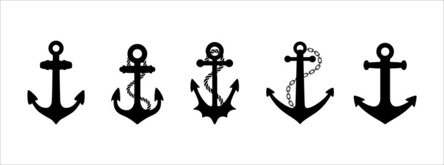 Anchor icons set collection. Assorted ship anchors vector set. Nautical and sailing symbol. Vector stock illustration.