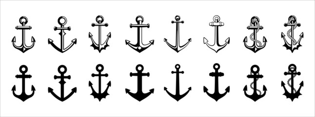 Anchor icons set collection. Assorted ship anchors vector set. Nautical and sailing symbol. Vector stock illustration. © great19