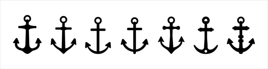 Anchor icons set collection. Assorted ship anchors vector set. Nautical and sailing symbol. Vector stock illustration.