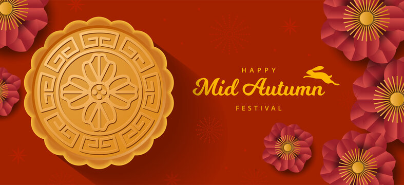 Mid Mid Autumn festival banner with rabbit, mooncake and flower. Paper cut style. Vector
