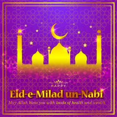 Vector illustration of Happy Mawlid al-Nabi means birth of the Prophet, mosque, moon, lantern, Islamic greeting banner template.
