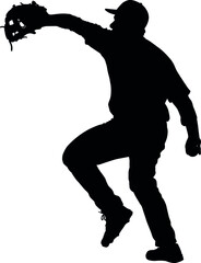 Baseball player, pitcher while throwing ball. Pitcher throwing a ball. Detailed realistic silhouette