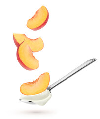 Naklejka na ściany i meble Isolated yogurt with fruits. Spoon with natural yogurt and falling slices of peach fruit isolated on white background