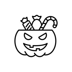 Cute Halloween Pumpkin with Candies Line Icon. Treat or Trick Halloween Pumpkin Bucket Outline Pictogram. Basket for Sweet on Halloween Linear Icon. Editable Stroke. Isolated Vector Illustration