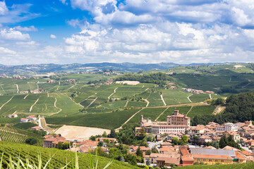 Fototapeta premium Panoramic countryside in Piedmont region, Italy. Scenic vineyard hill with the famous Barolo Castle.