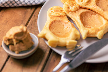 Traditional breakfast with pancakes. peanut butter