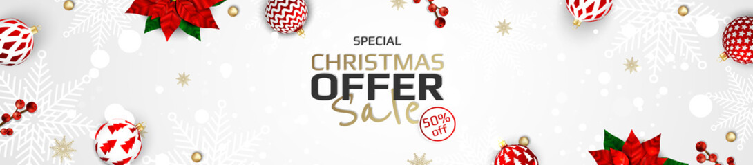 Merry Christmas and Happy New Year. Xmas background with Snowflakes and balls design.