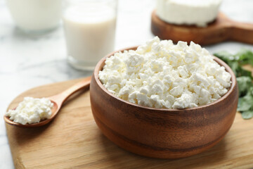Delicious fresh cottage cheese in bowl on table, closeup