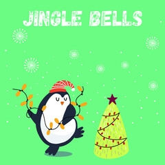 Christmas card with a penguin dancing with a garland, lettering Jingle bells