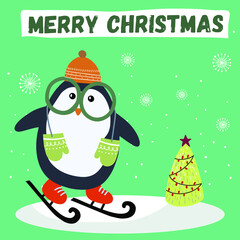 Christmas card with penguin ice skating with mittens with inscription Merry Christmas
