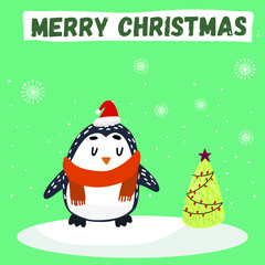 Christmas card with penguin inscription Merry Christmas