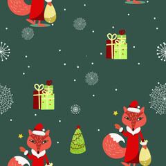 Christmas seamless pattern with a chanterelle in a Santa Claus costume, gifts and a Christmas tree, on a dark green background.