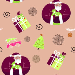 Christmas background with Santa Claus, gifts and a Christmas tree and a car with a Christmas tree on the trunk on a dark pink background.