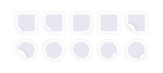 Stickers of different shapes isolated. Paper round and square adhesive tags with curled corners and shadow. Realistic template. Simple modern mockup design. Flat style vector illustration.