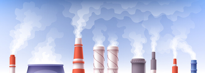 Smoke from industrial chimneys floating in the air. Factories, air pollution, destroying the environment, pipes with steam. Simple modern design. Flat style vector eps10 illustration. Blue sky.