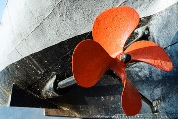 The propeller of a large, old ship. A fragment of the keel and engine mechanism of a speedboat from...