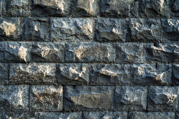 Fragment of an old wall made of large granite stones. Rectangular rock bricks. Flat lay of the frame. Copy space