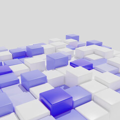 3D rendering. A background of identical cubes with rounded edges in different shades of purple and white. Angle view.