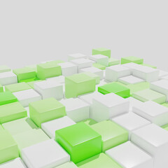 3D rendering. A background of identical cubes with rounded edges in different shades of green and white. Angle view.