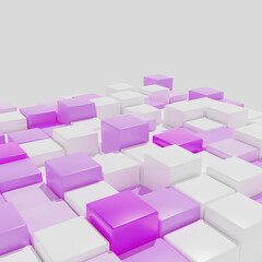 3D rendering. A background of identical cubes with rounded edges in different shades of pink and white. Angle view.