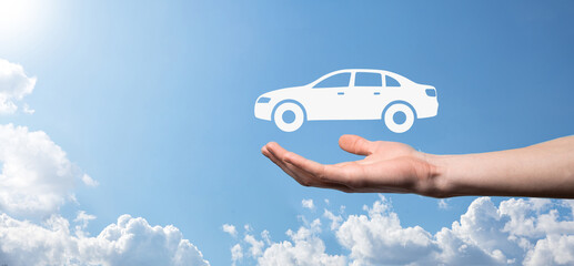 Digital composite of Man holding car icon.Car automobile insurance and car services concept....