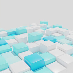 3D rendering. A background of identical cubes with rounded edges in different shades of blue and white. Angle view.