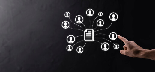 Man hold document and user icon.Corporate data management system DMS and document management system...