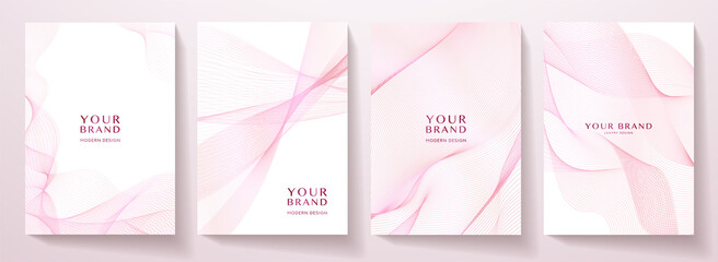 Contemporary technology cover design set. White background with pink line pattern (guilloche curves). Premium vector tech backdrop for formal  business layout, digital certificate, brochure template