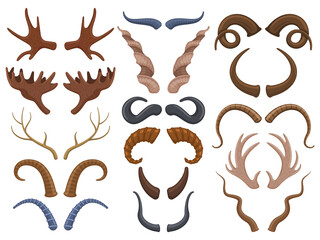 Wild animals horns antlers, reindeer, bull, goat. Hunting trophy deer, ibex, sheep and moose horns isolated vector illustration set. Trophy wild animals horns