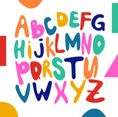 colored alphabet on white background with geometric elements. hand-drawn