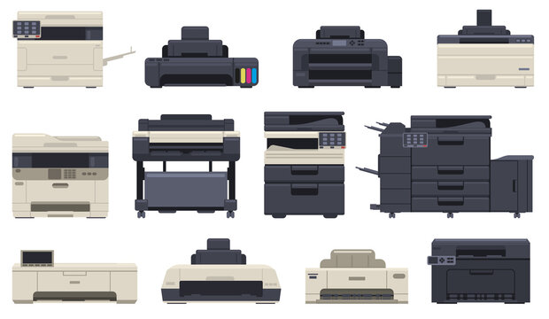 Office professional equipment printer scanner copier machines. Technology office devices, inkjet printer, copier vector illustration set. Digital printing machine