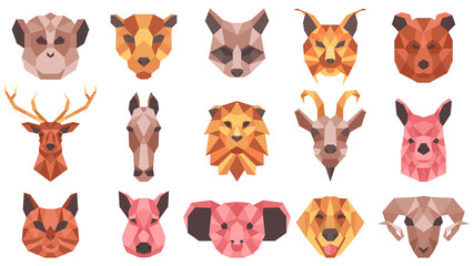 Polygonal geometric animals low poly portraits. Wild and domestic animals faces, cat, horse, racoon, goat vector illustration set. Geometric animal heads