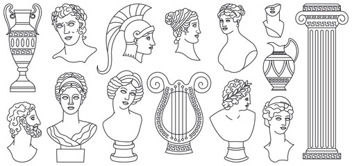 Antique ancient greece heads, sculptures, architectural elements. Greek marble statues, vases, goddess bust vector illustration set. Mythical antique greek sculptures - obrazy, fototapety, plakaty