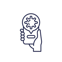 contact tracing app line icon, phone in hand with virus warning